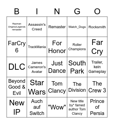 Ubisoft E3 2021 Bingo Card