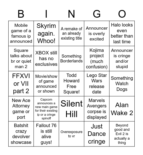 E3 2021 Bingo Card