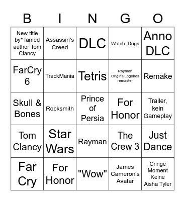 Ubisoft E3 2021 Bingo Card