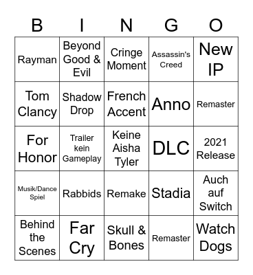 Ubisoft E3 2021 Bingo Card