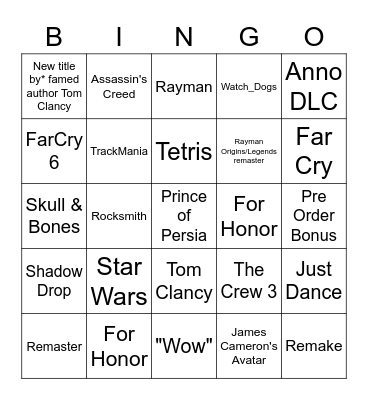 Ubisoft E3 2021 Bingo Card