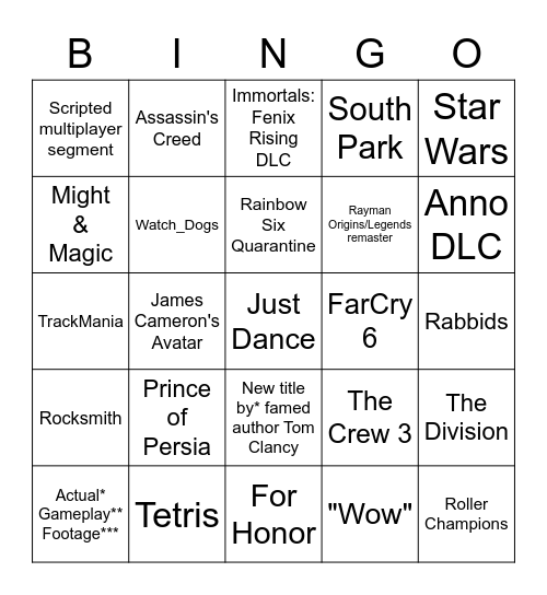 Ubisoft E3 2021 Bingo Card