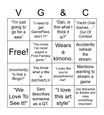 Sam's E3 Reactions Bingo Card