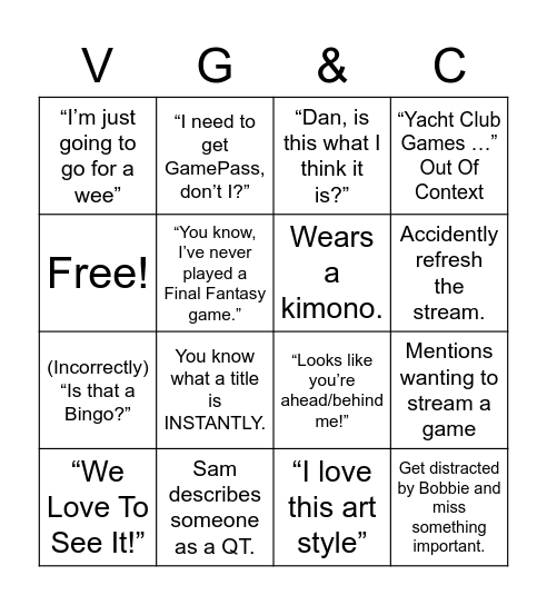 Sam's E3 Reactions Bingo Card