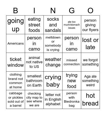 Poland 2021 Family Trip Bingo Card