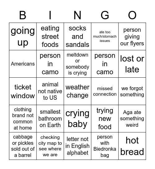 Poland 2021 Family Trip Bingo Card