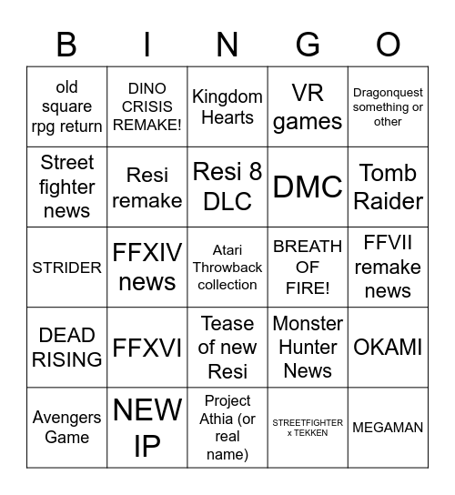 Squeenix + Capcom Bingo Card