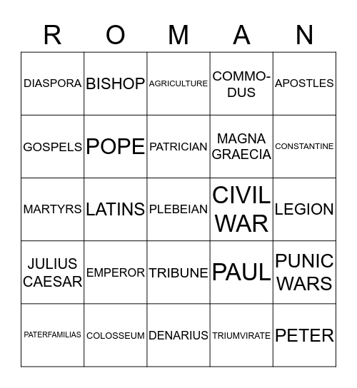 Ancient Rome Vocabulary Bingo Card