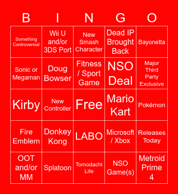 Nintendo E3 Bingo Card