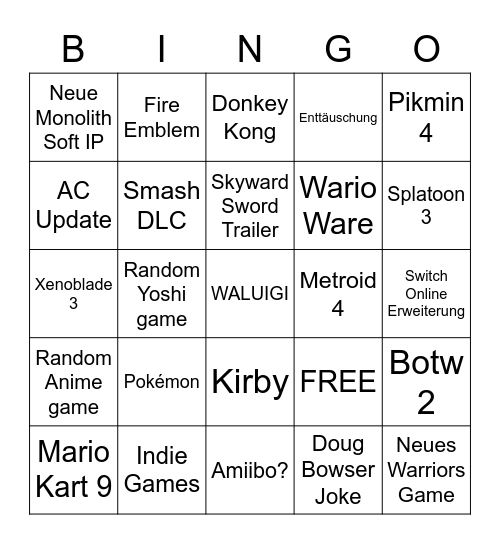 Nintendo E3 Bingo Card