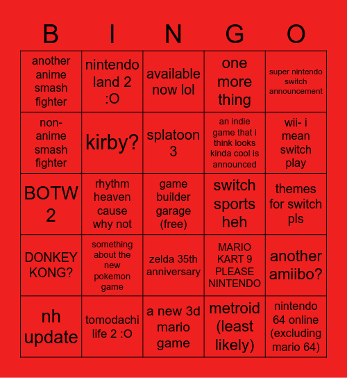 Nintendo E3 Direct Bingo Card