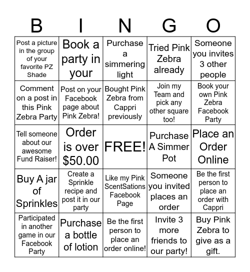 Cappri's Pink Zebra Bingo Party Bingo Card