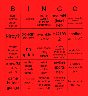 Nintendo E3 Direct Bingo Card