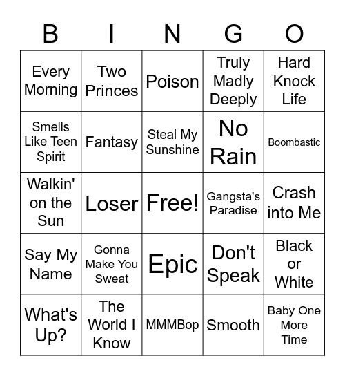 1990's Bingo Card