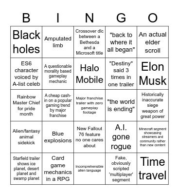 Xbox/Bethesda E3 Bingo Card