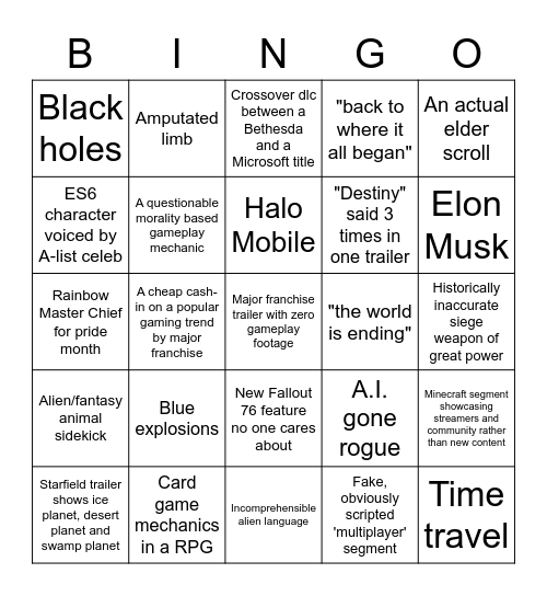 Xbox/Bethesda E3 Bingo Card