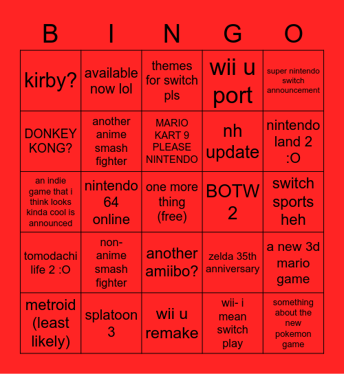 Nintendo E3 Direct Bingo Card