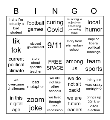 2021 Commencement Speech Bingo Card