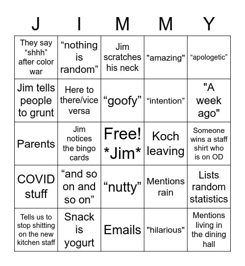 First Staff Meeting Bingo: Jim Says Bingo Card