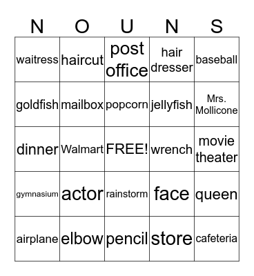 Person, Place, or Thing Bingo Card