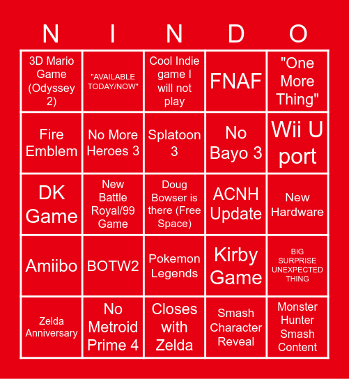 BINGTENDO E3 2021 Bingo Card