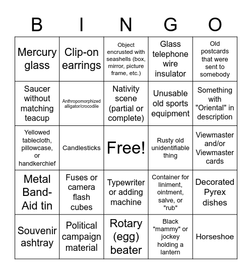 Antique Shopping Bingo Card