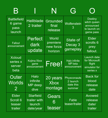 Xbox 2021 OOPS Bingo Card