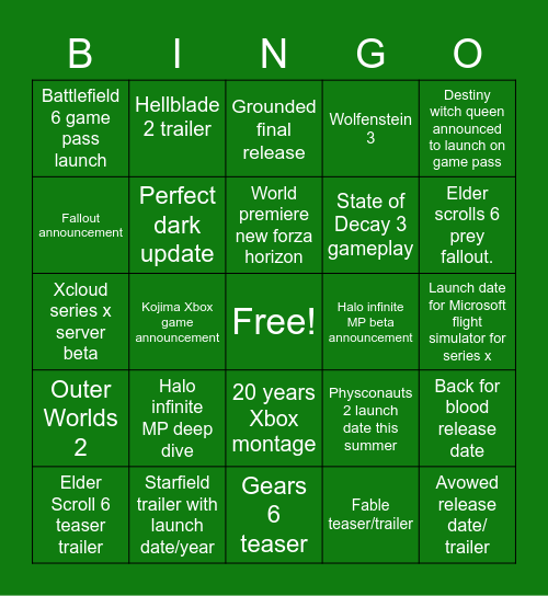 Xbox 2021 OOPS Bingo Card