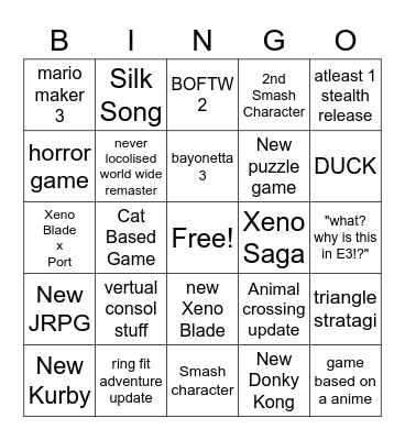 nintendo E3 Bingo Card