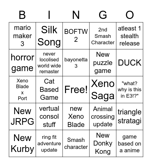 nintendo E3 Bingo Card