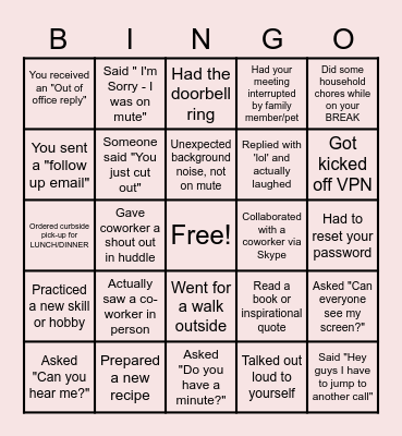 Remote Work From Home Bingo Card