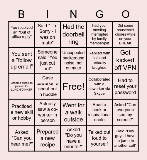 Remote Work From Home Bingo Card