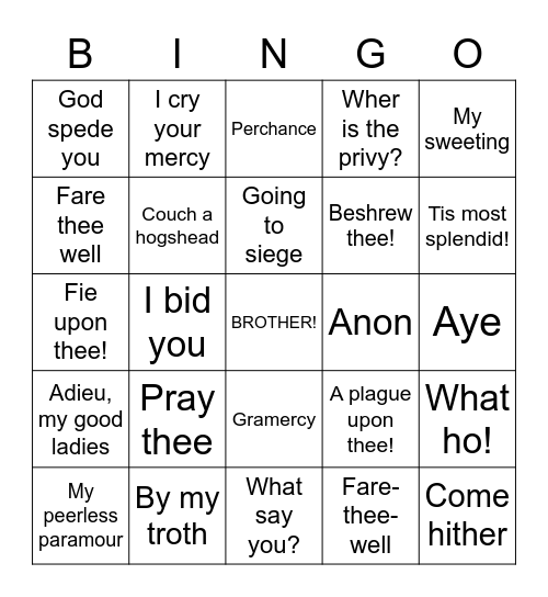 Get Medieval on Your Hiney Bingo Card