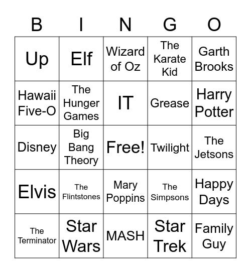 Movie, TV and Entertainment BINGO Card