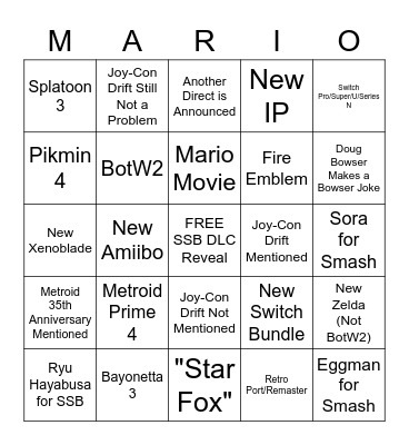 Nintendo E3 Bingo Card