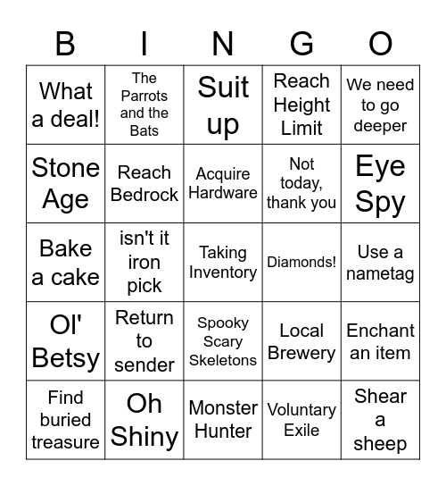 Minecraft Achievement Game Bingo Card