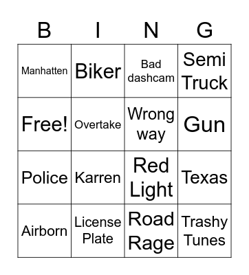 Road Road Crash Road Bingo Card