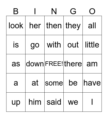 Sight Words Bingo Card