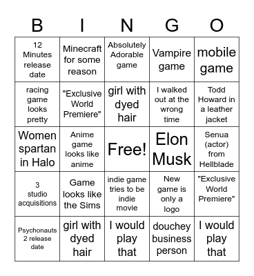 Xbox E3 2021 Bingo Card