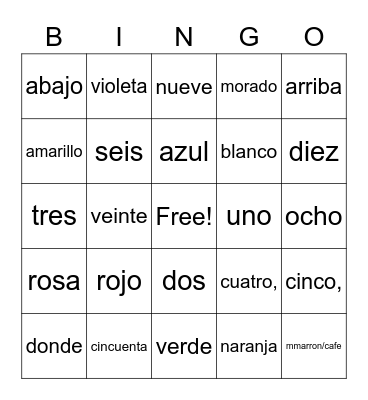 Spanish Vocab Bingo Card