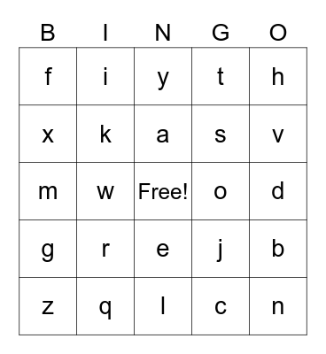 Lower case letters Bingo Card