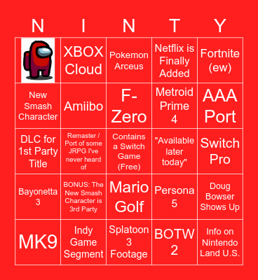 Nintendo E3 2021 Bingo Card