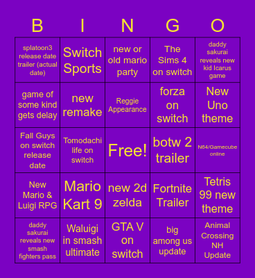 Nintendo E3 Bingo Card