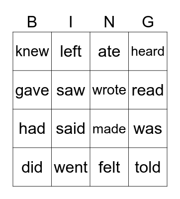 Irregular Past Tense Verbs Bingo Card