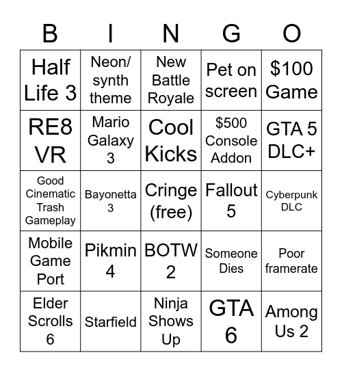 E3 bingo Card