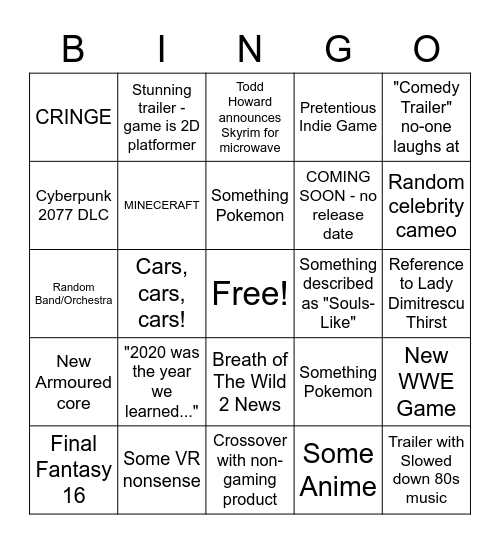 E3 2021 Bingo Card