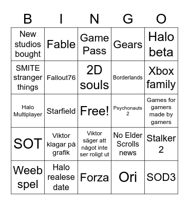 Xbox Behtesda Bingo Card