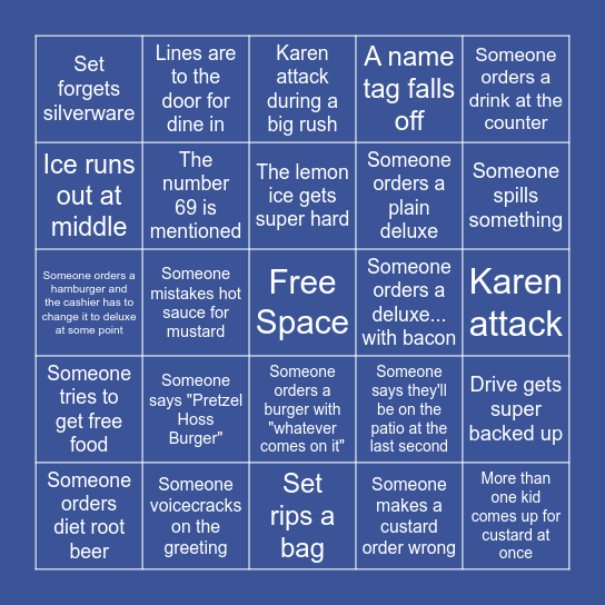 Culver's Bingo Card