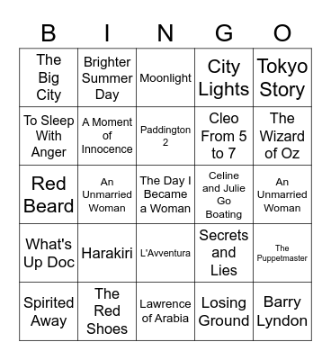 Favorite Movies Bingo Card