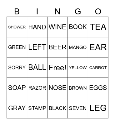 english Bingo Card